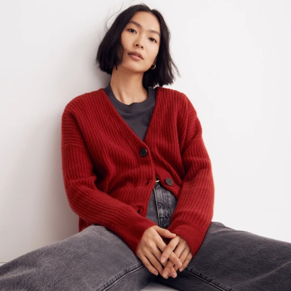 Cameron Ribbed Cardigan Sweater in Coziest Yarn in Wild Cranberry